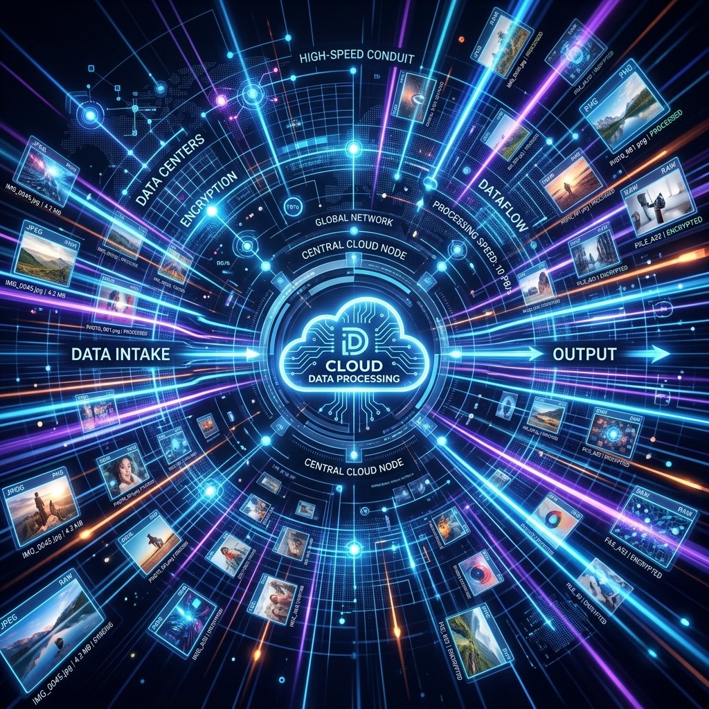 A high-tech conceptual illustration of fast cloud data processing and image conversion