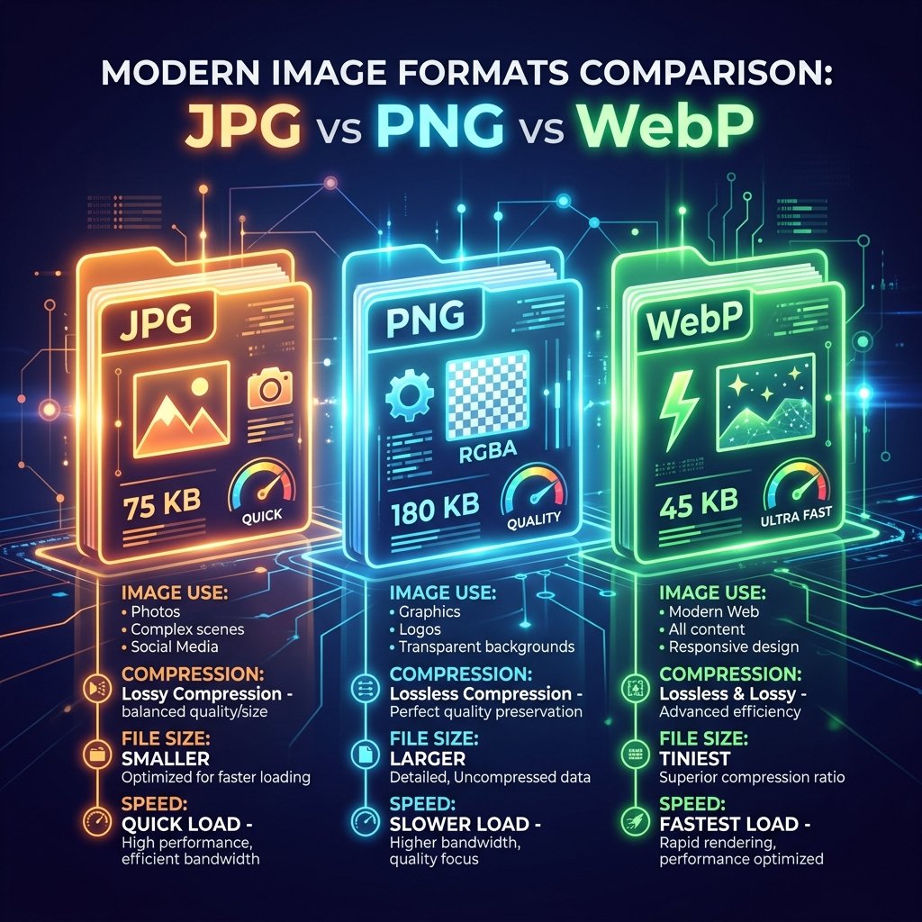A modern infographic style illustration comparing image formats JPG, PNG, and WebP, emphasizing file size and speed