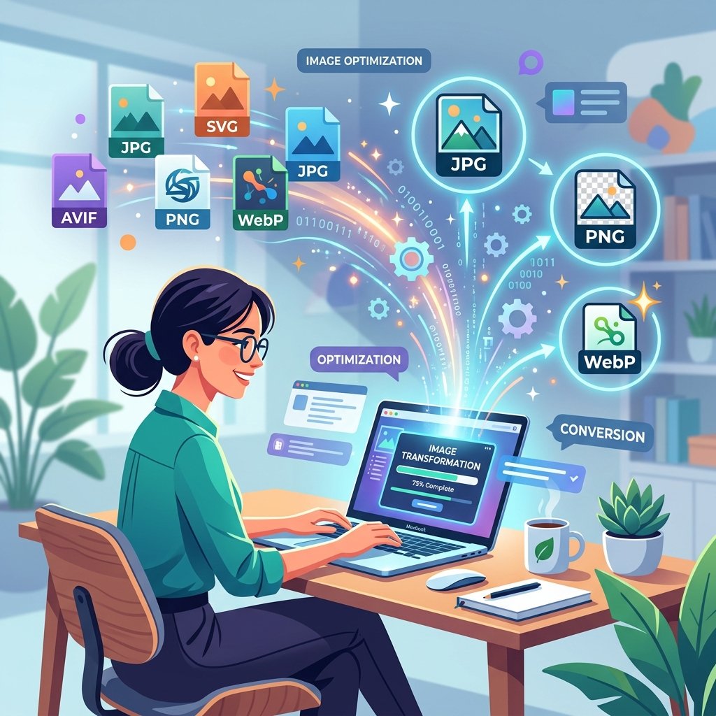 A high quality, modern vector illustration of a person working on a glowing laptop optimizing image formats like JPG, PNG, and WebP